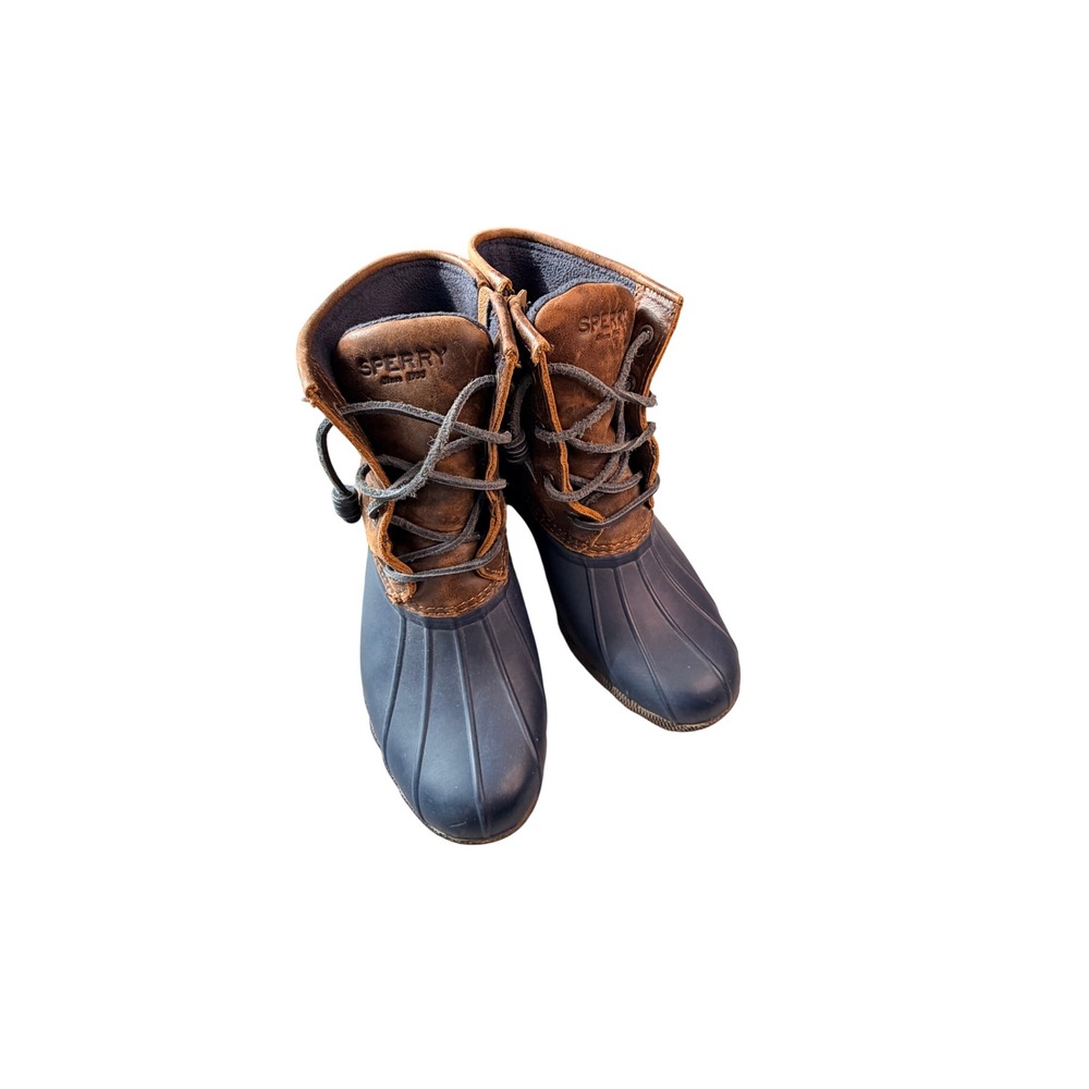Sperry Saltwater Duck Boots Womens 6.5 Navy Brown Leather Waterproof STS98301